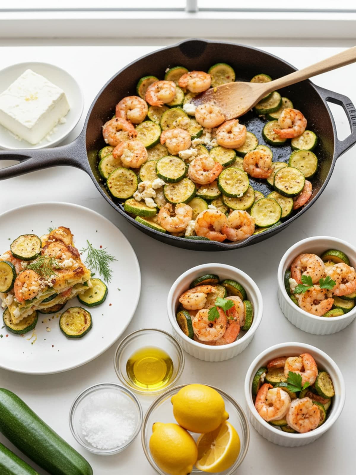 Lemon Feta Shrimp and Zucchini Skillet: Brown the zucchini