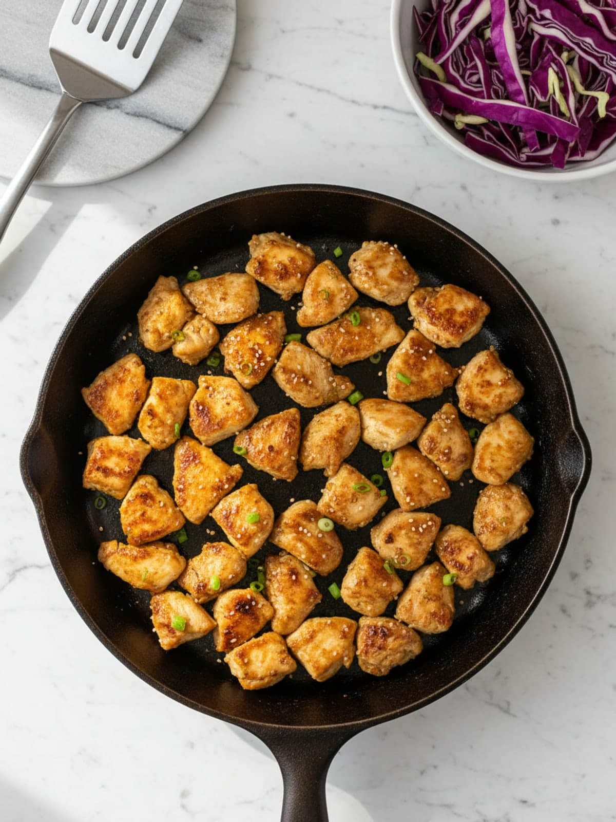 Sesame Chicken Cabbage Bowls: Sear the chicken