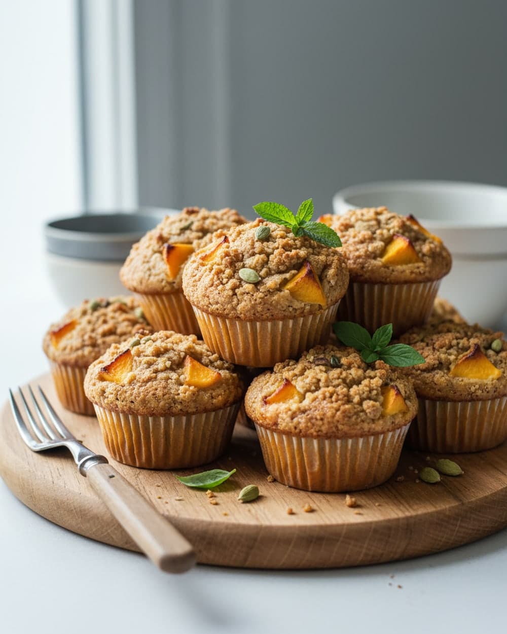 Peach Cardamom Crumble Muffins