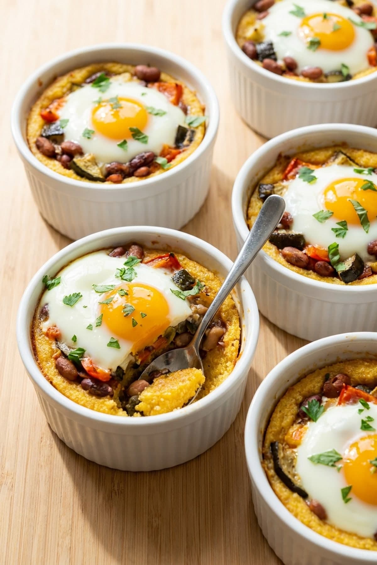 Roasted Vegetable Polenta Bake with Beans and Eggs ready to serve