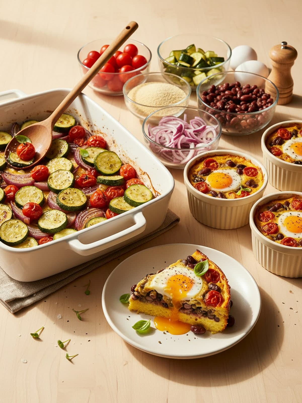 Roasted Vegetable Polenta Bake with Beans and Eggs: Roast the vegetables