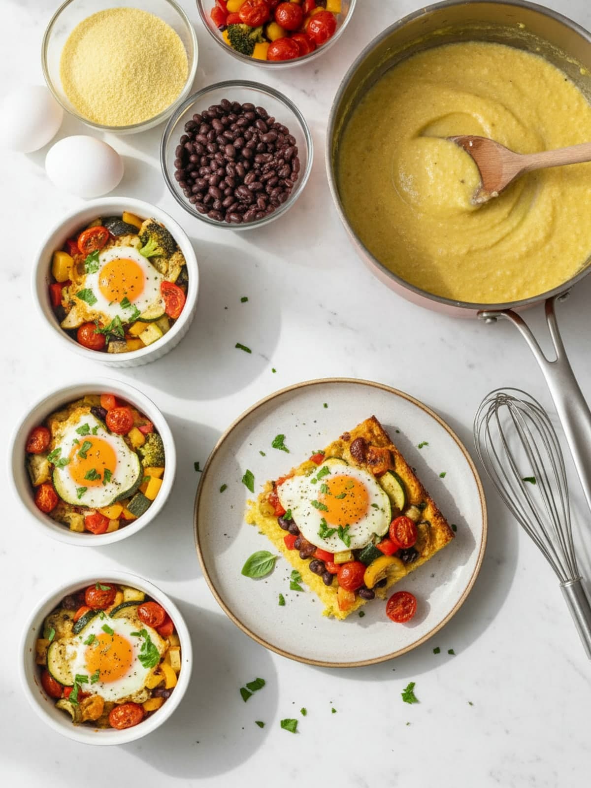 Roasted Vegetable Polenta Bake with Beans and Eggs: Cook the polenta