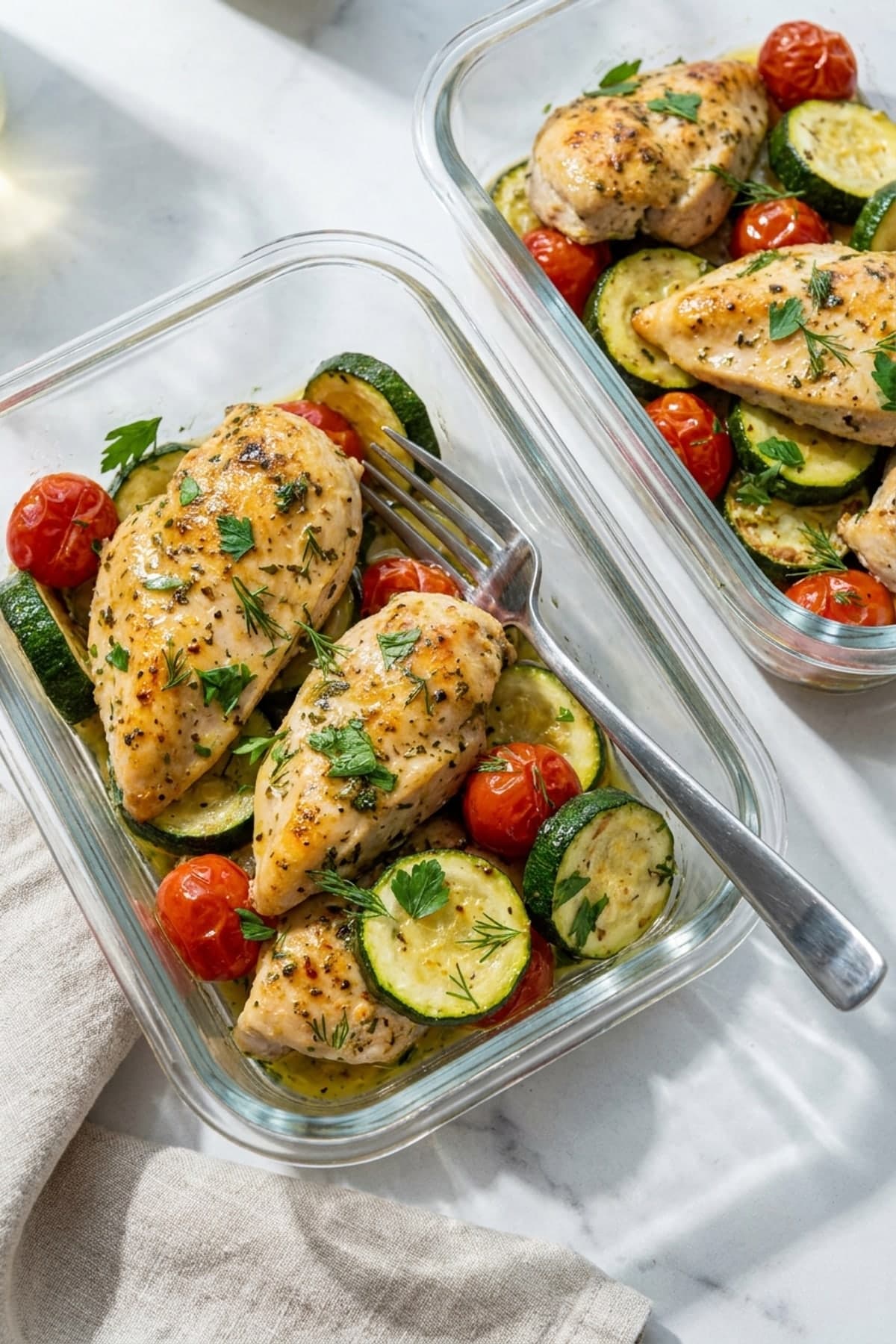 Lemon Herb Chicken Zucchini Meal Prep Boxes ready to serve