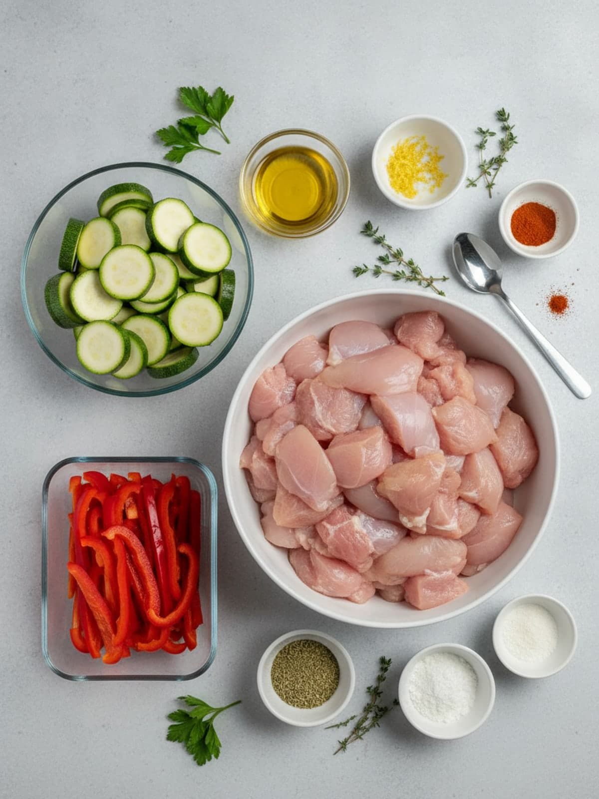 Ingredients for Lemon Herb Chicken Zucchini Meal Prep Boxes