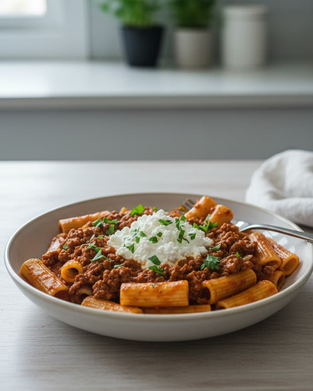 Turkey Bolognese Rigatoni With Cottage Cheese Tonight