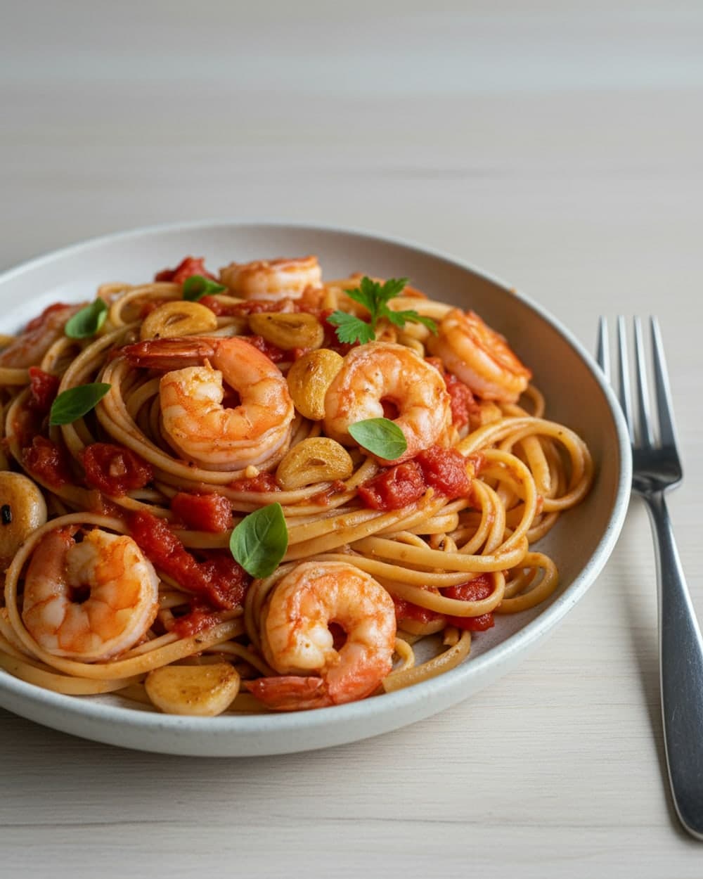 Garlic Shrimp Tomato Linguine Weeknight Dinner Plate