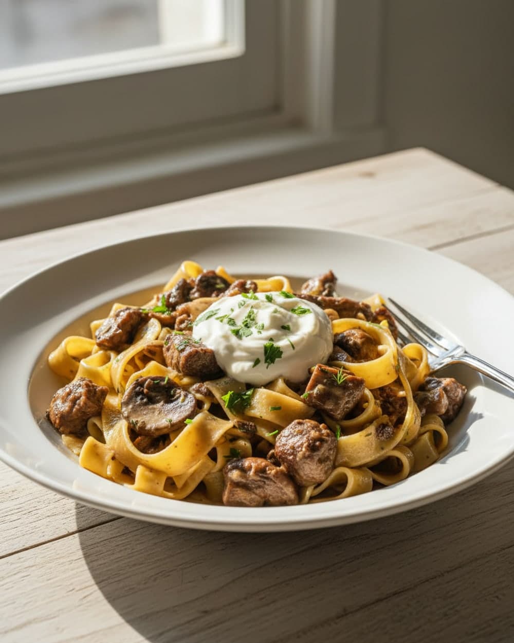 Beef Mushroom Pappardelle With Greek Yogurt Sauce