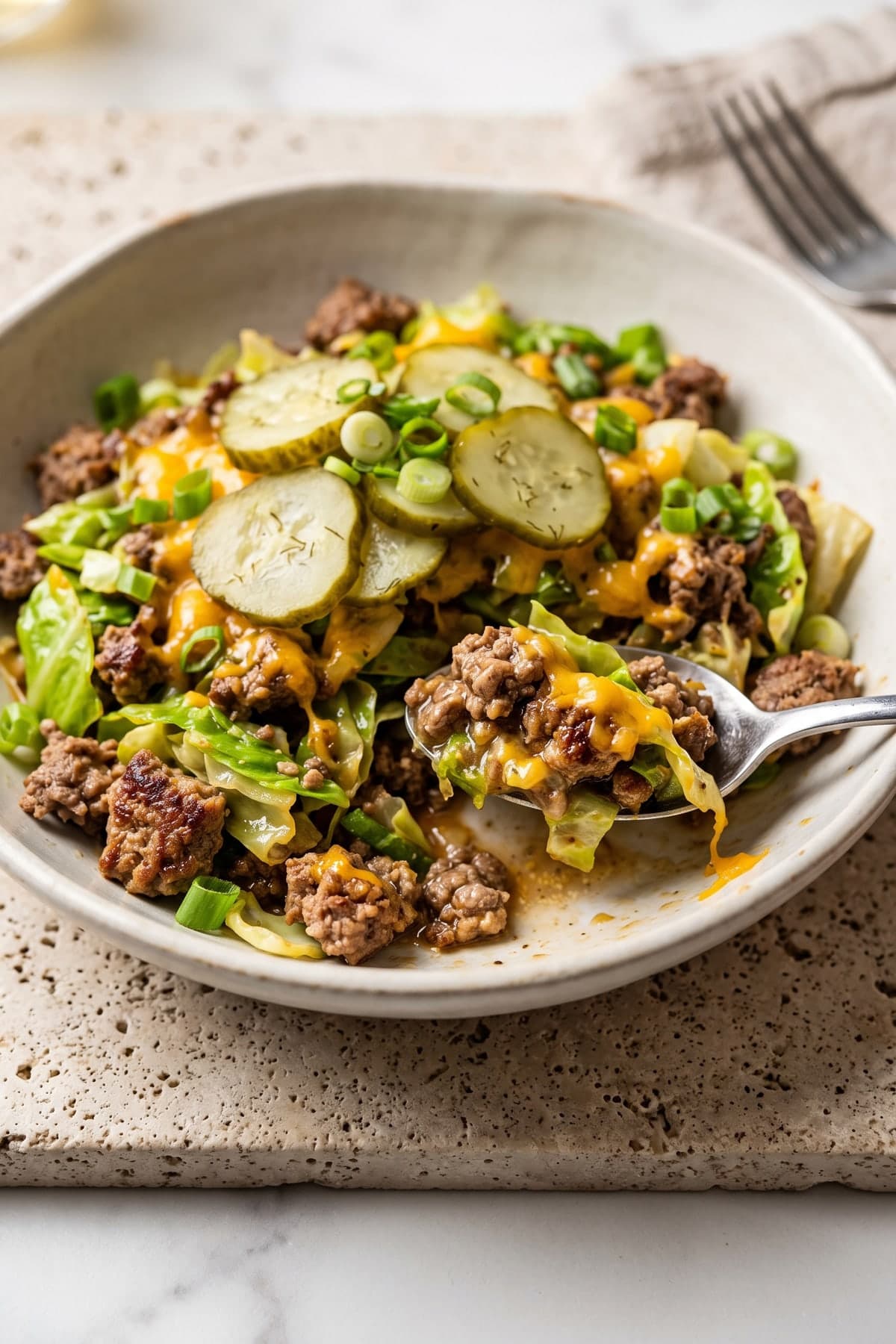Cheeseburger Cabbage Skillet ready to serve