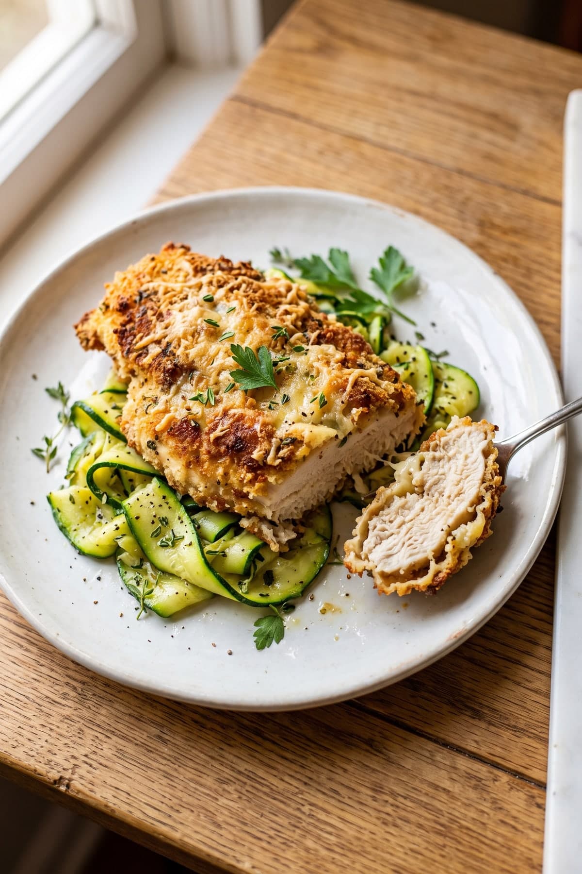 Garlic Parmesan Chicken with Zucchini Ribbons ready to serve