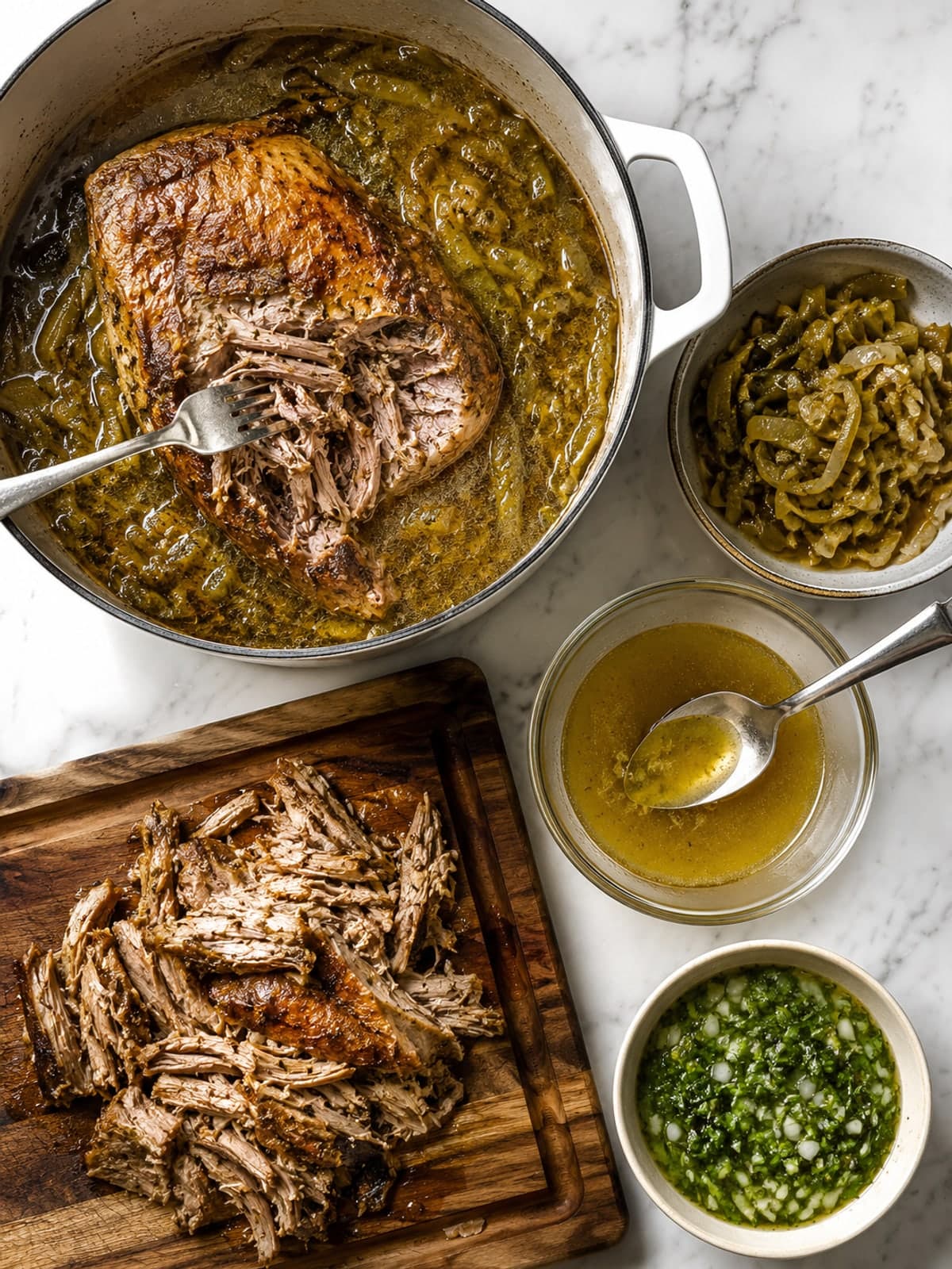 Salsa Verde Pulled Pork Bowls: Cook until fibers release
