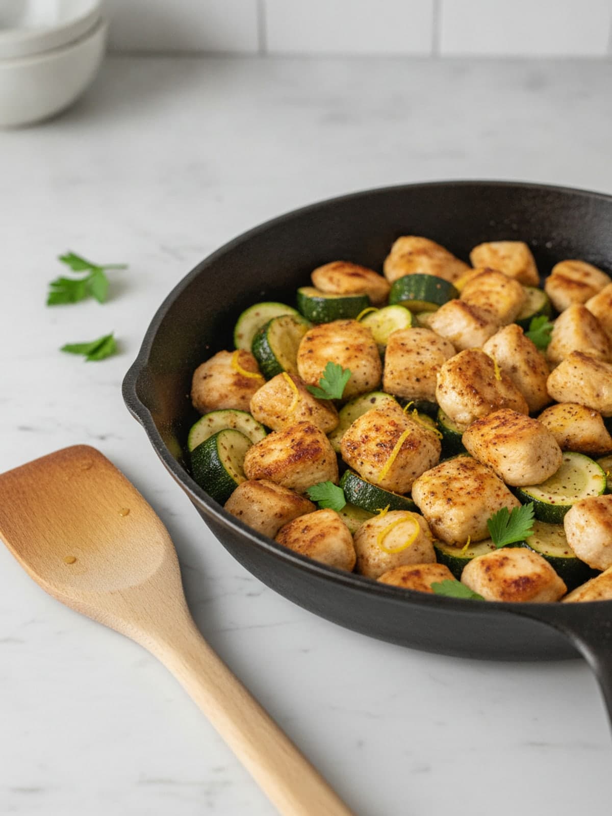 Lemon Chicken Zucchini Skillet: Season the chicken