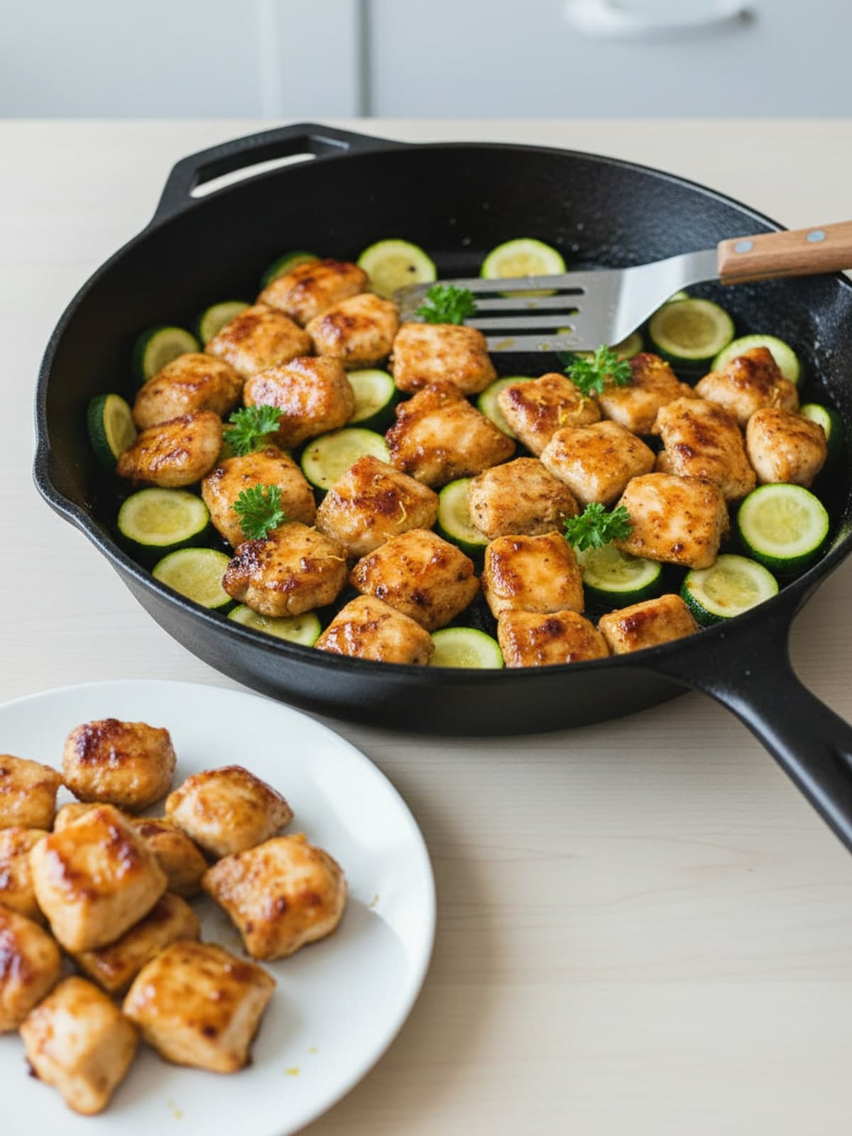 Lemon Chicken Zucchini Skillet: Brown in batches