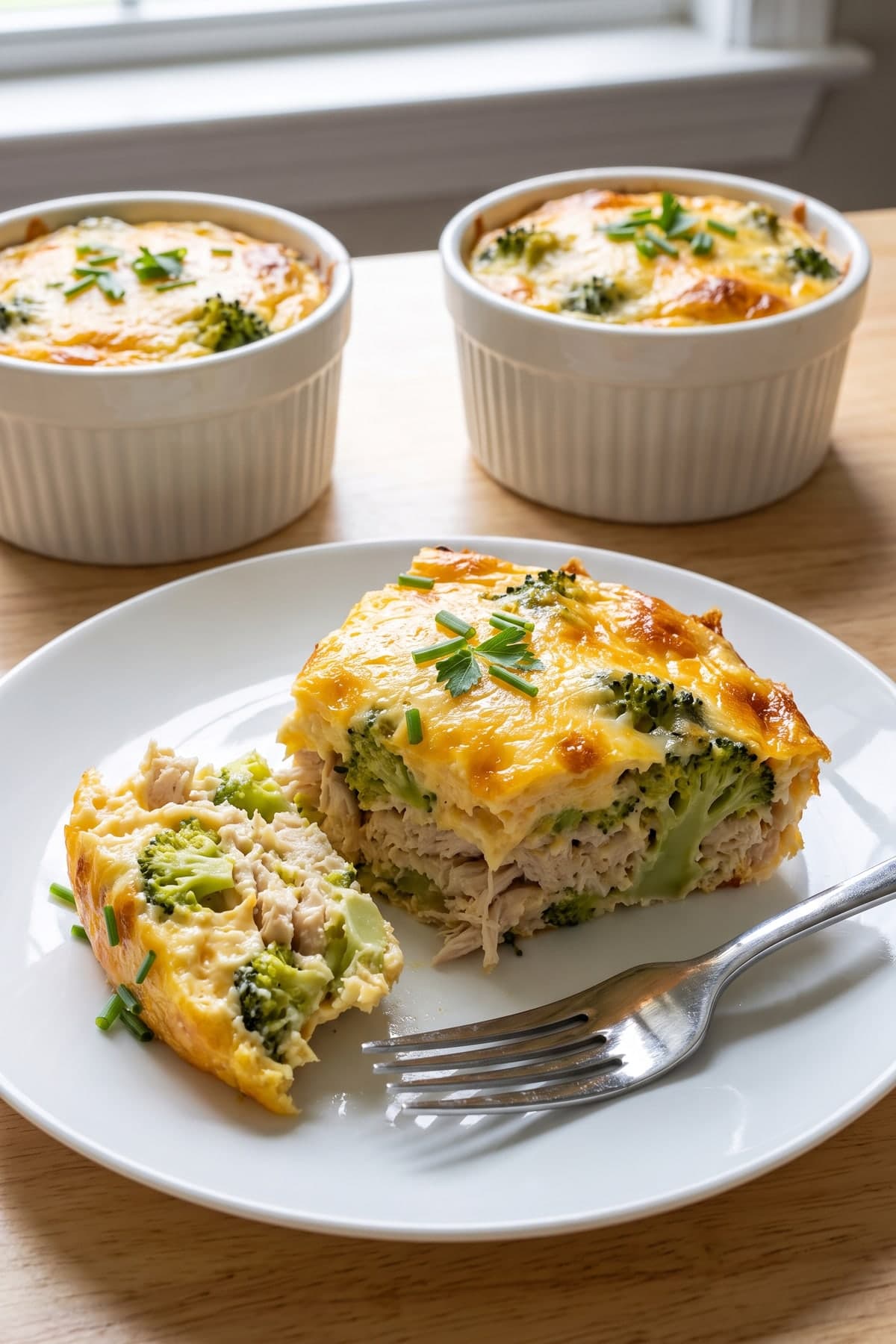 Low Carb Chicken Casserole with Broccoli and Cheddar ready to serve