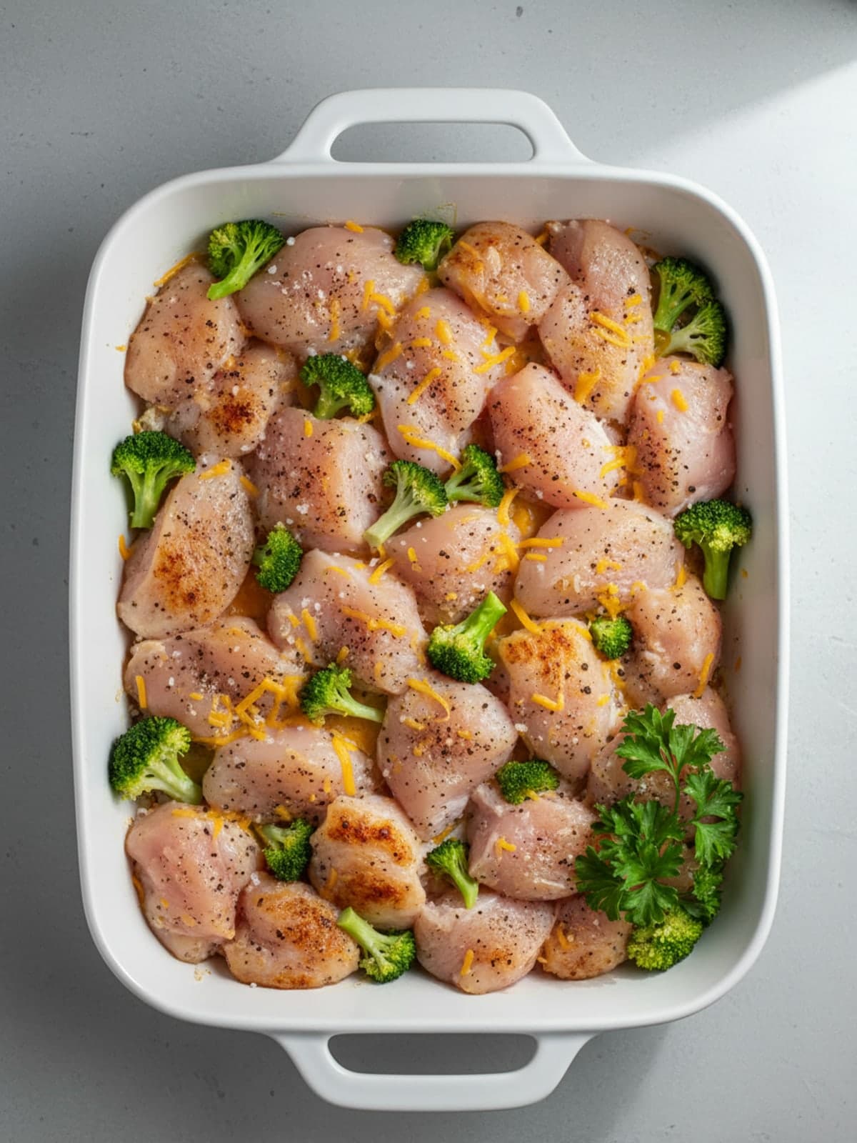 Low Carb Chicken Casserole with Broccoli and Cheddar: Season the chicken