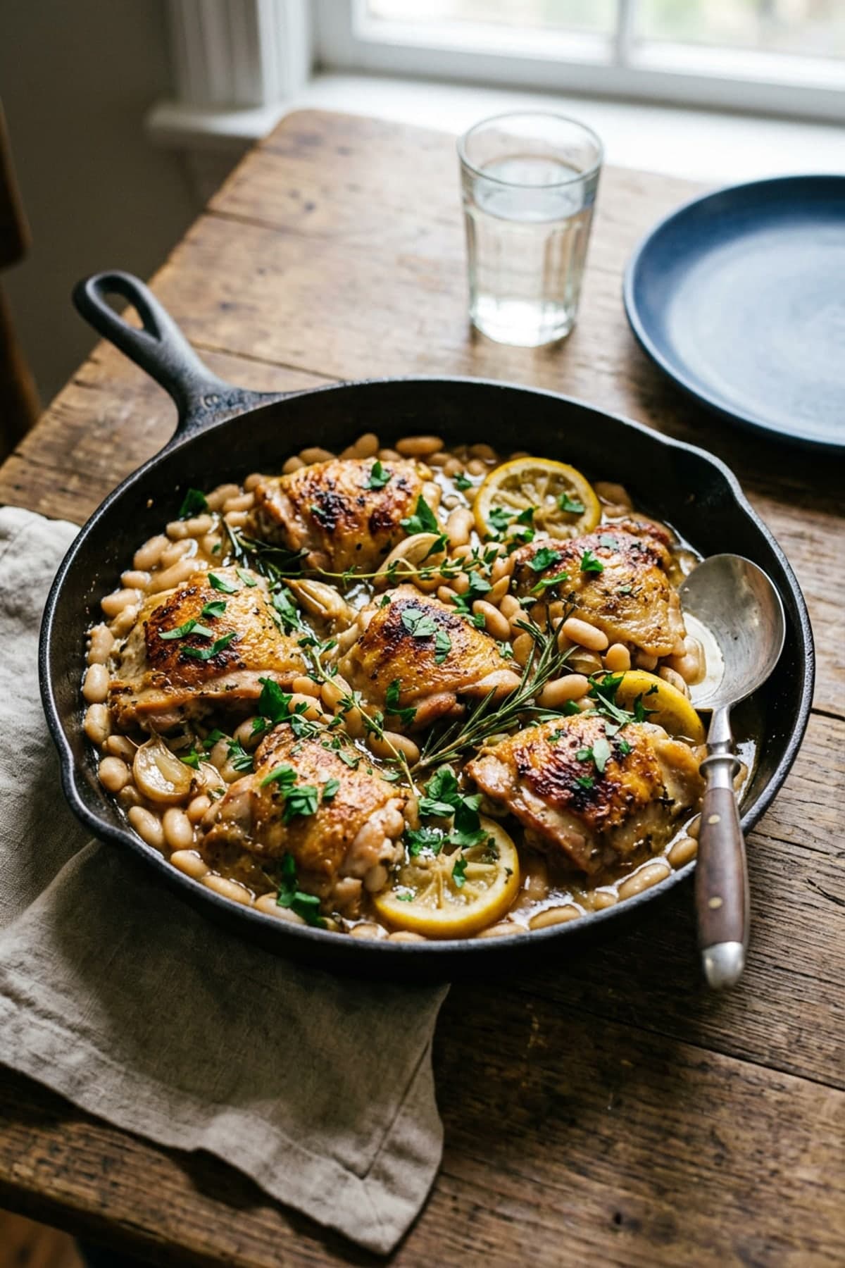 Lemon Chicken and White Bean Skillet ready to serve