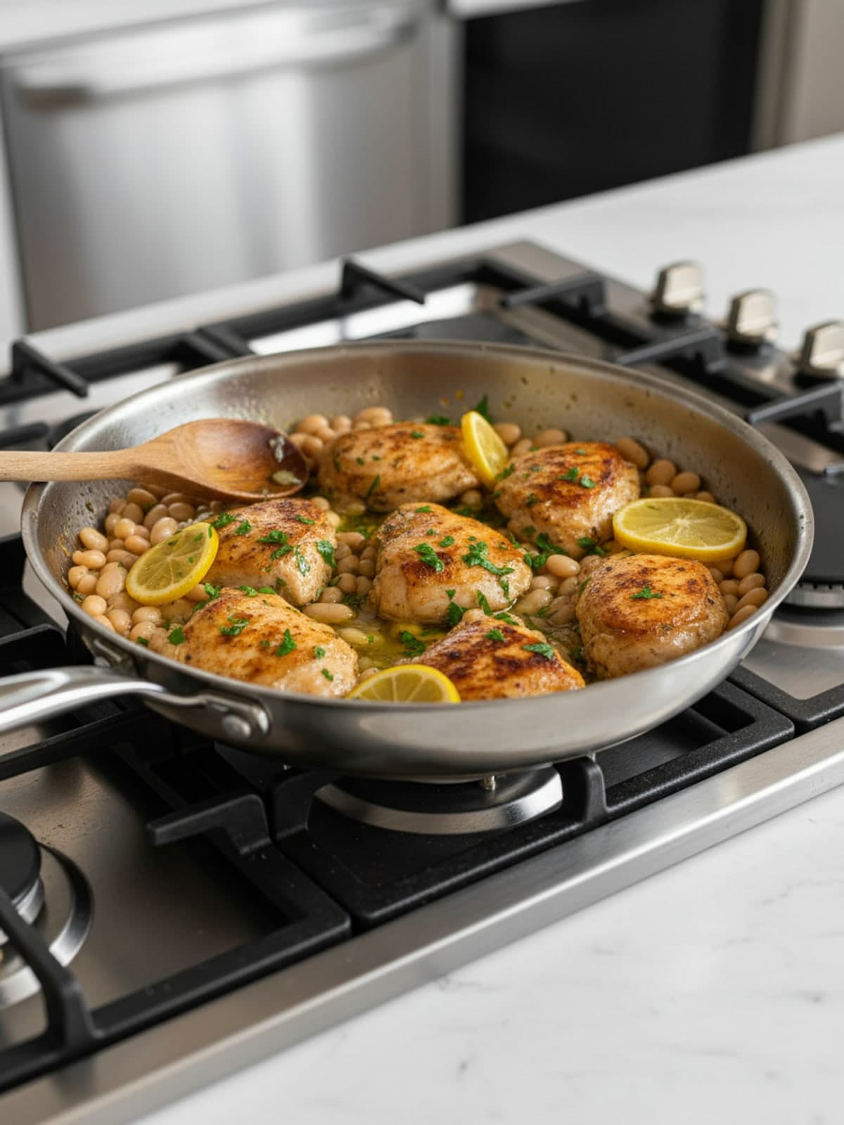 Lemon Chicken and White Bean Skillet: Heat the pan