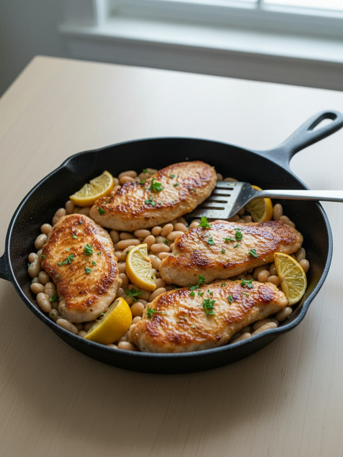 Lemon Chicken and White Bean Skillet: Sear the chicken