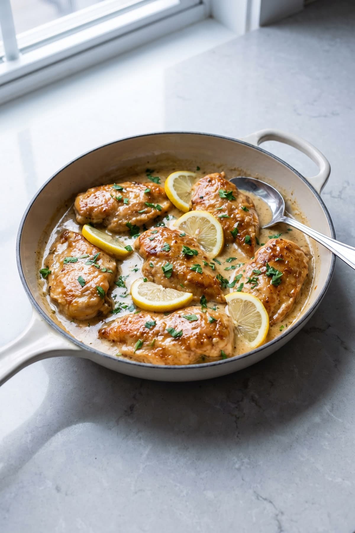 Lemon Parmesan Chicken Skillet ready to serve
