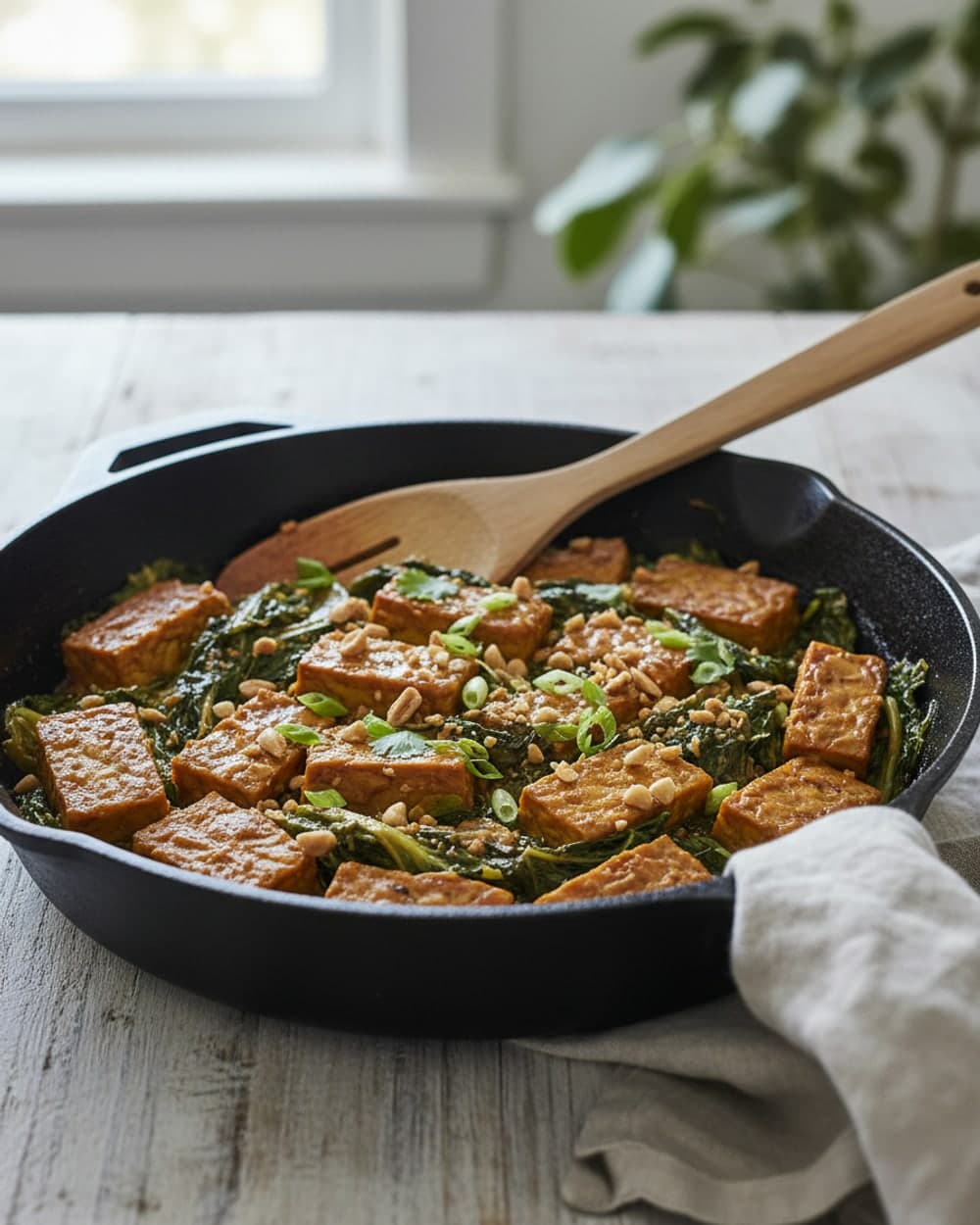 Tempeh Peanut Collard Skillet